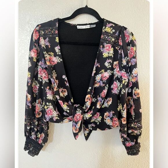 Alice + Olivia Marlee Floral Tie Front Blouson Sleeve Crop Blouse Top Small New - Picture 4 of 4